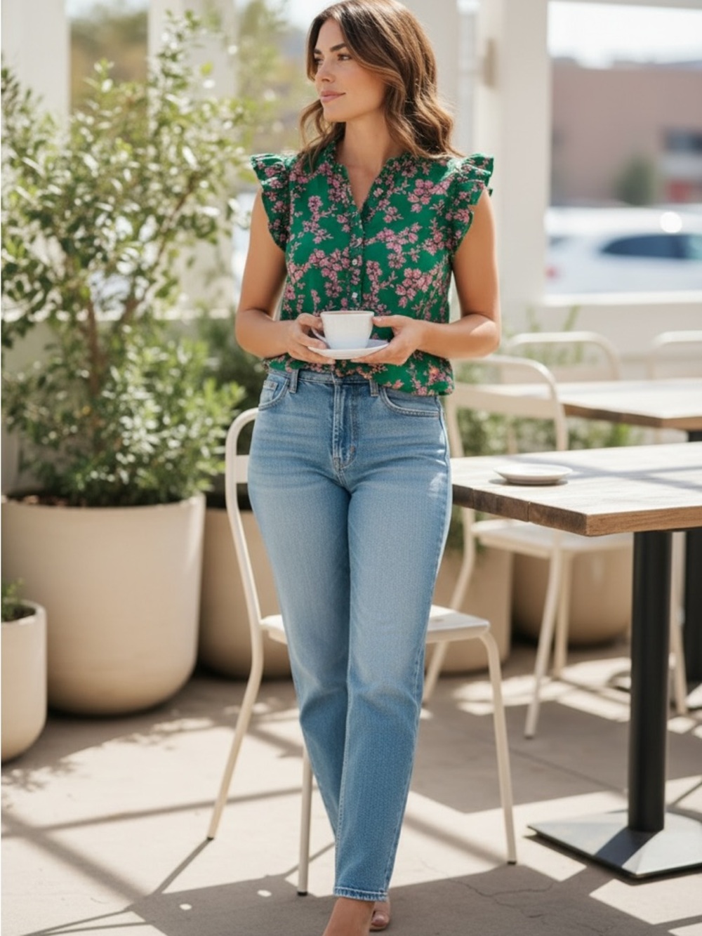 J.Crew Women’s Ruffled Emerald Green/Pink Top - Like New